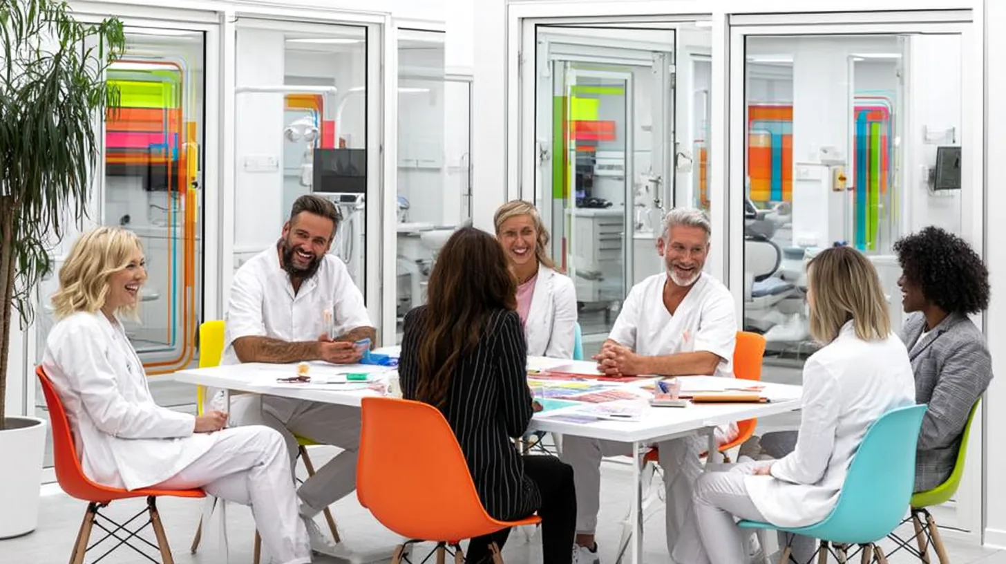 Zahnärzte-Team im Besprechungsraum eines Z-MVZ mit Blick auf Behandlungsräume – Arbeiten im Z-MVZ