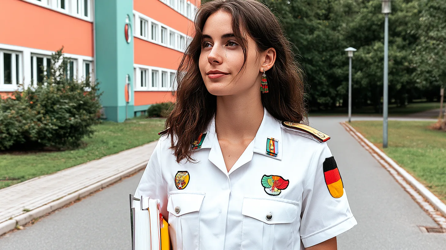 Studentin in stilisierter Bundeswehr-Uniform mit Büchern auf dem Campus – Zahnmedizin bei der Bundeswehr studieren