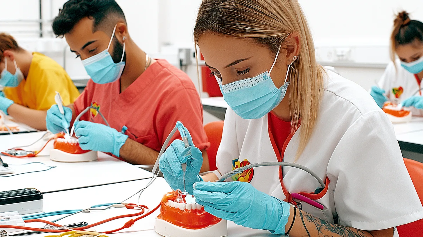 Studierende mit türkisen Hauben üben Prophylaxe an Zahnmodellen im Kurssaal – Dentalhygiene studieren