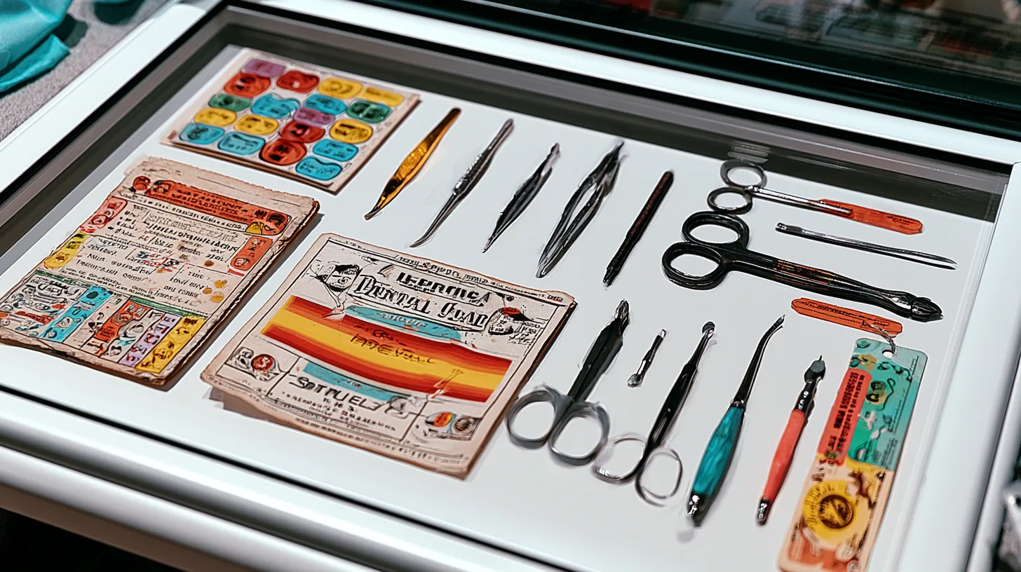 Museumsvitrine mit antiken Zahnarztinstrumenten und historischen Dokumenten – Zu Besuch im Dentalmuseum