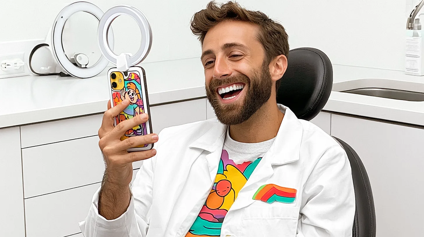 Junge Zahnärztin filmt mit Smartphone und Ringlicht ein Video in der Praxis – Dentfluencer auf TikTok und Instagram