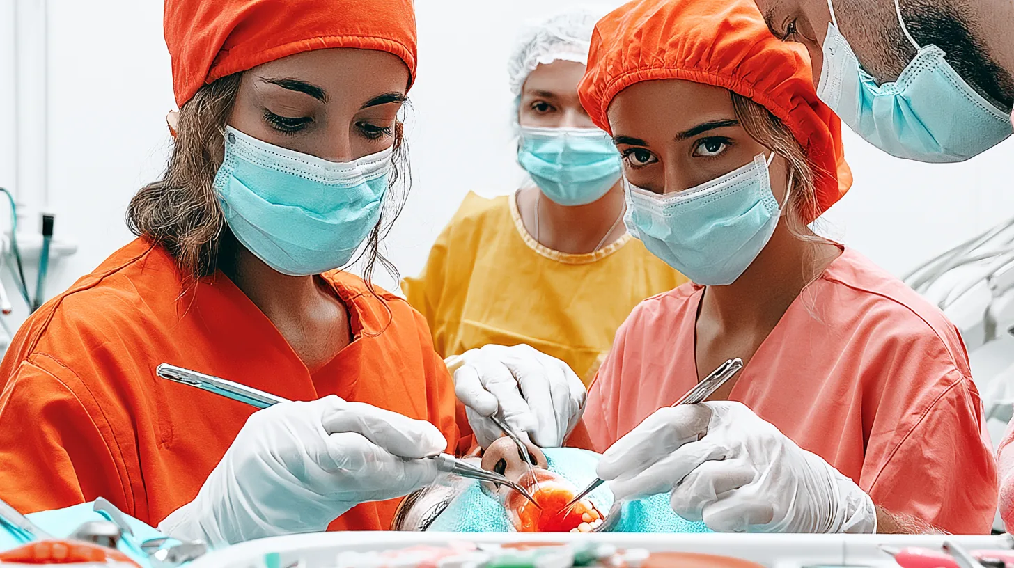 Team in Orange und Türkis operiert konzentriert im Mundraum eines Patienten – Weiterbildung Oralchirurgie: Der Weg zum Fachzahnarzt