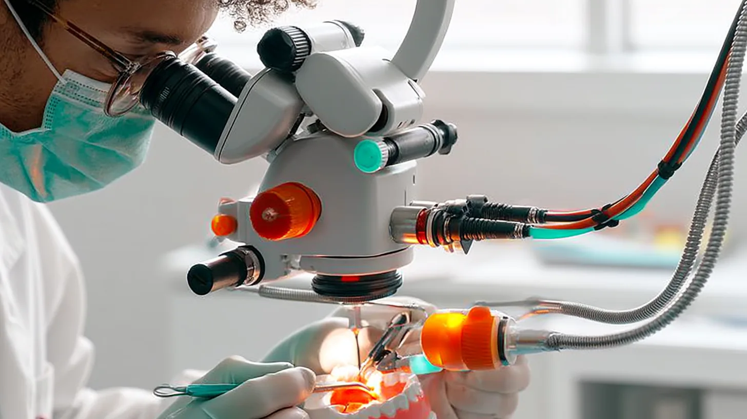 Zahnärztin mit korallfarbenen Handschuhen blickt durchs OP-Mikroskop auf ein Zahnfleischmodell – Fachzahnarzt Parodontologie: Ein Titel, zwei Kammern