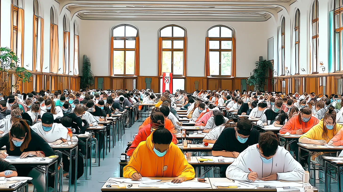 Prüfungssaal mit Testteilnehmern und österreichischer Flagge – MedAT-Z: Der Aufnahmetest für Zahnmedizin in Österreich