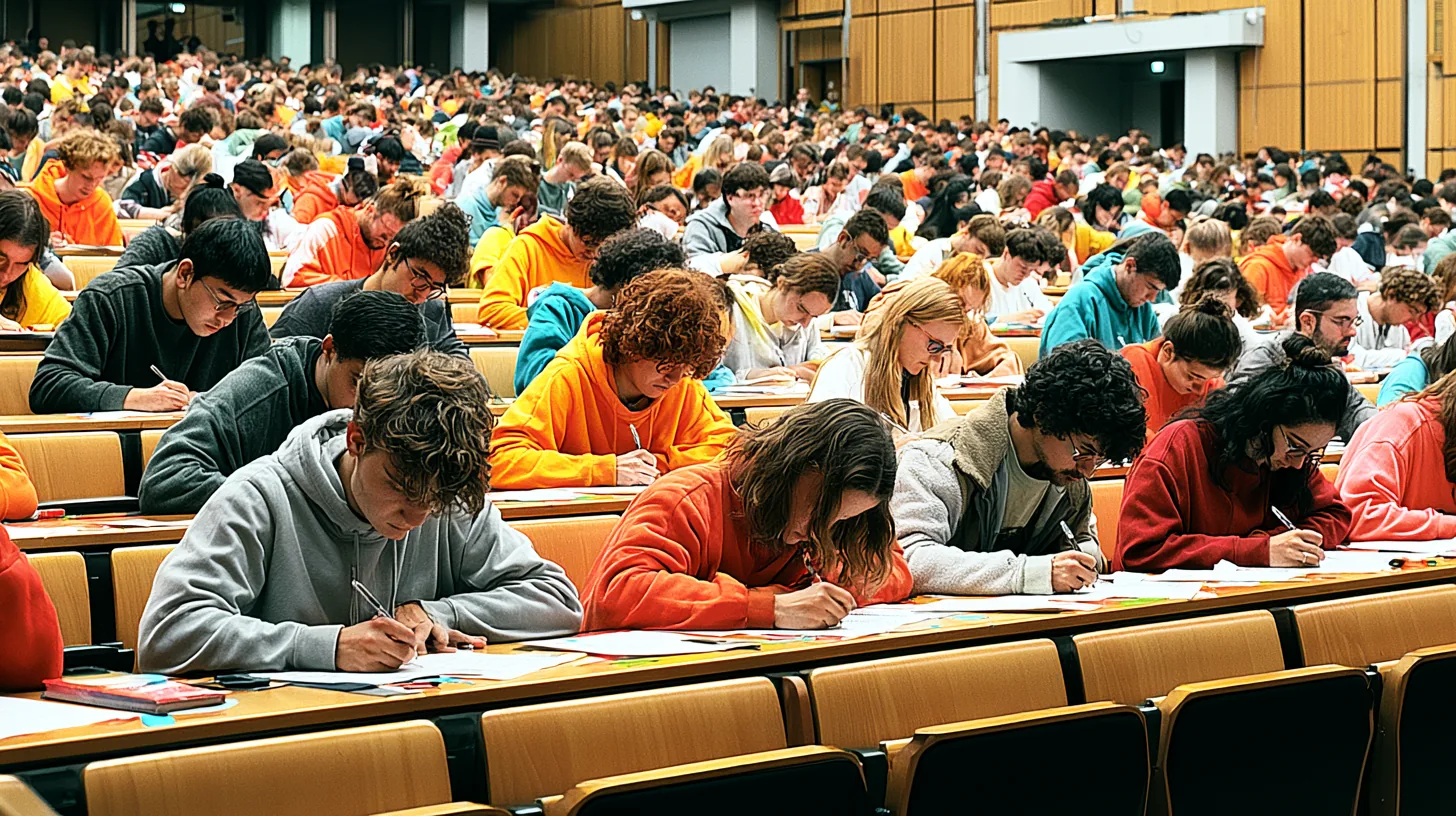 Weite Aufnahme eines vollbesetzten Prüfungssaals beim schriftlichen Physikum – Das Physikum (Z1)