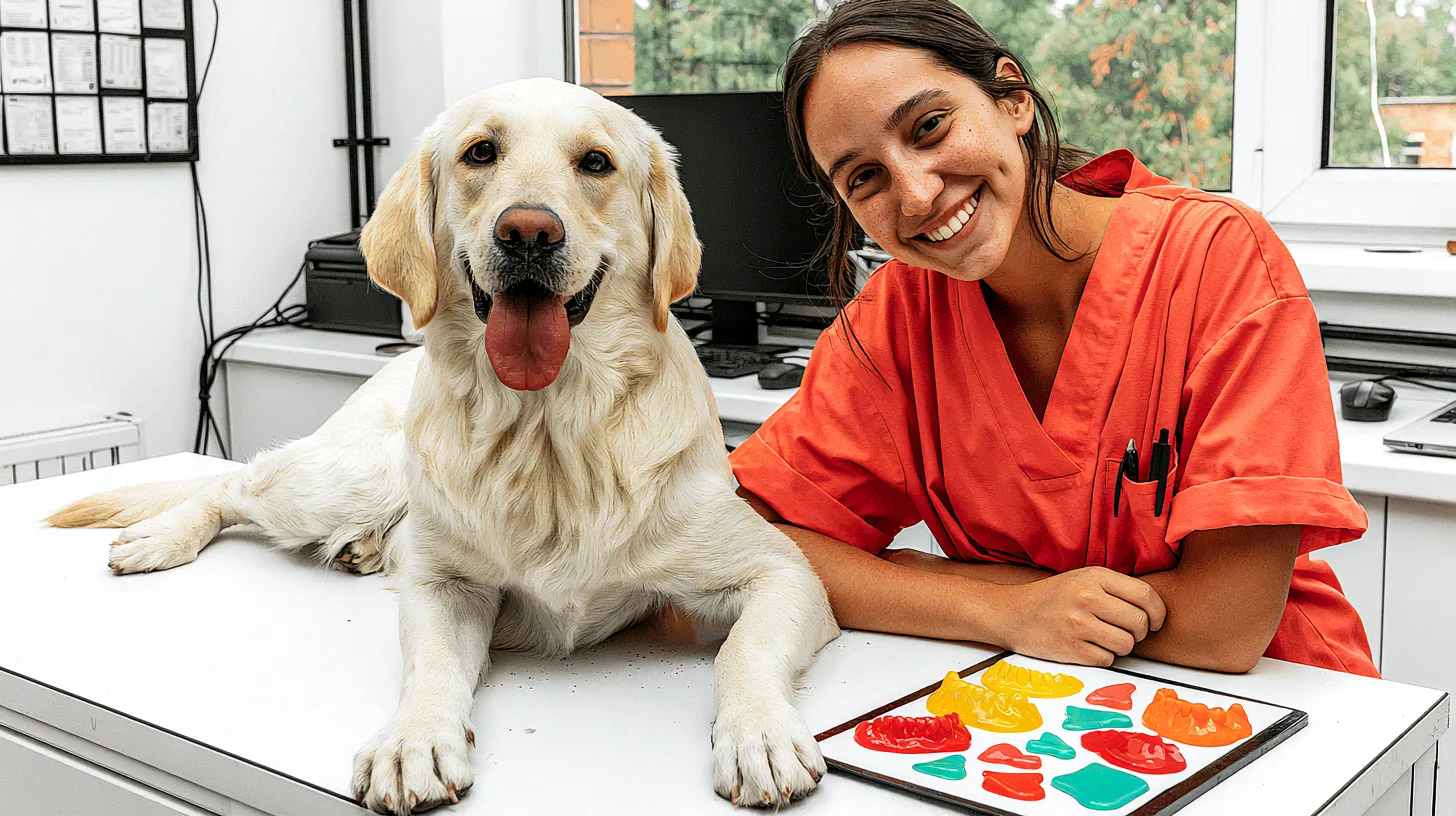 Golden Retriever liegt entspannt neben lächelnder Tierärztin auf dem Behandlungstisch – Tierzahnheilkunde: Wenn der Patient bellt