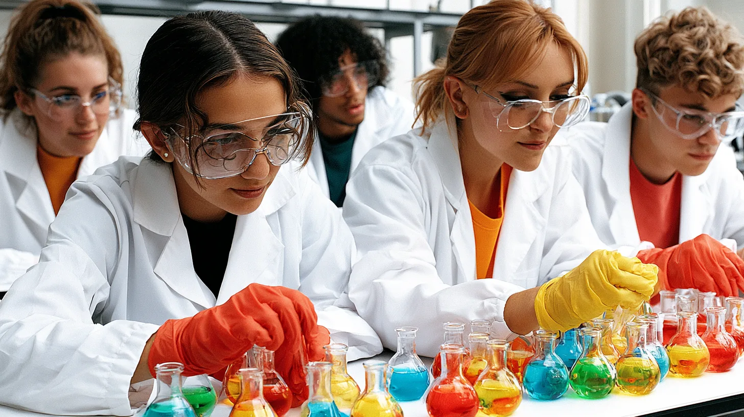 Studierende führen im Praktikum der Vorklinik chemische Experimente mit Schutzbrille durch – Die Vorklinik im Zahnmedizinstudium