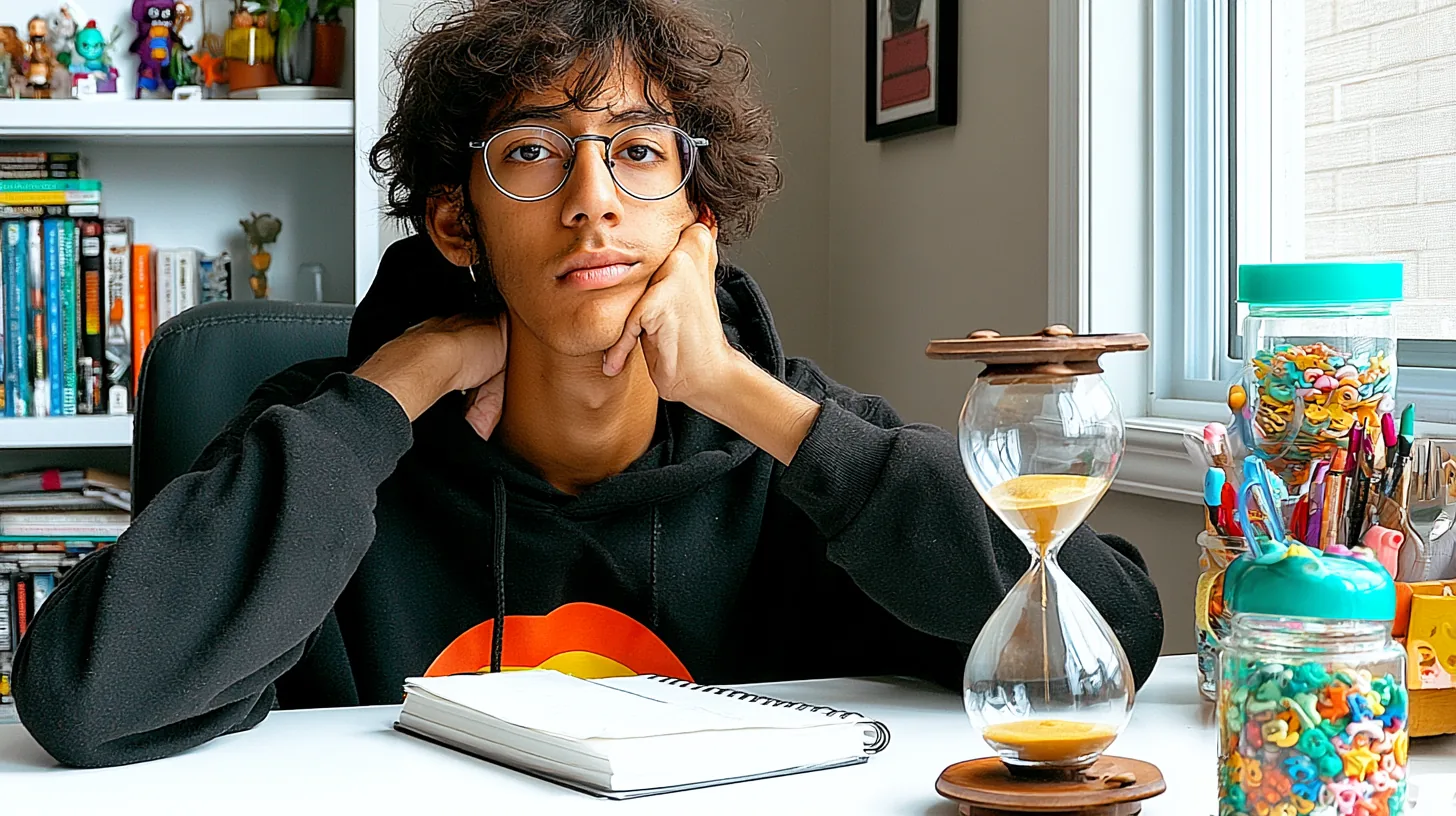 Gelangweilter Student am Schreibtisch neben einer Sanduhr – Wartesemester Zahnmedizin: Lohnt sich das Warten noch?