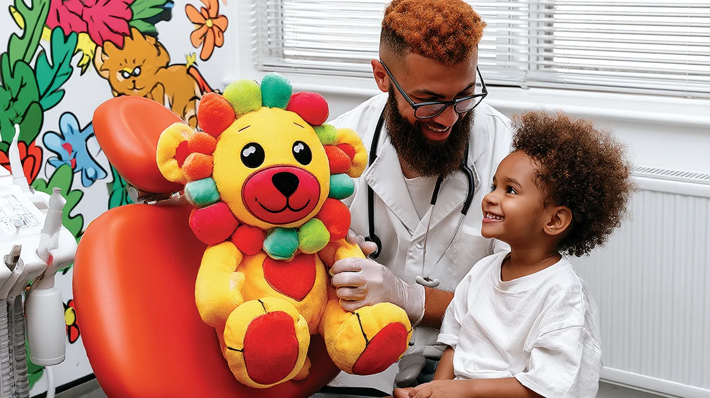 Kinderzahnärztin begrüßt ein lachendes Mädchen mit einem Stofflöwen im bunten Behandlungszimmer – Was macht ein Kinderzahnarzt?