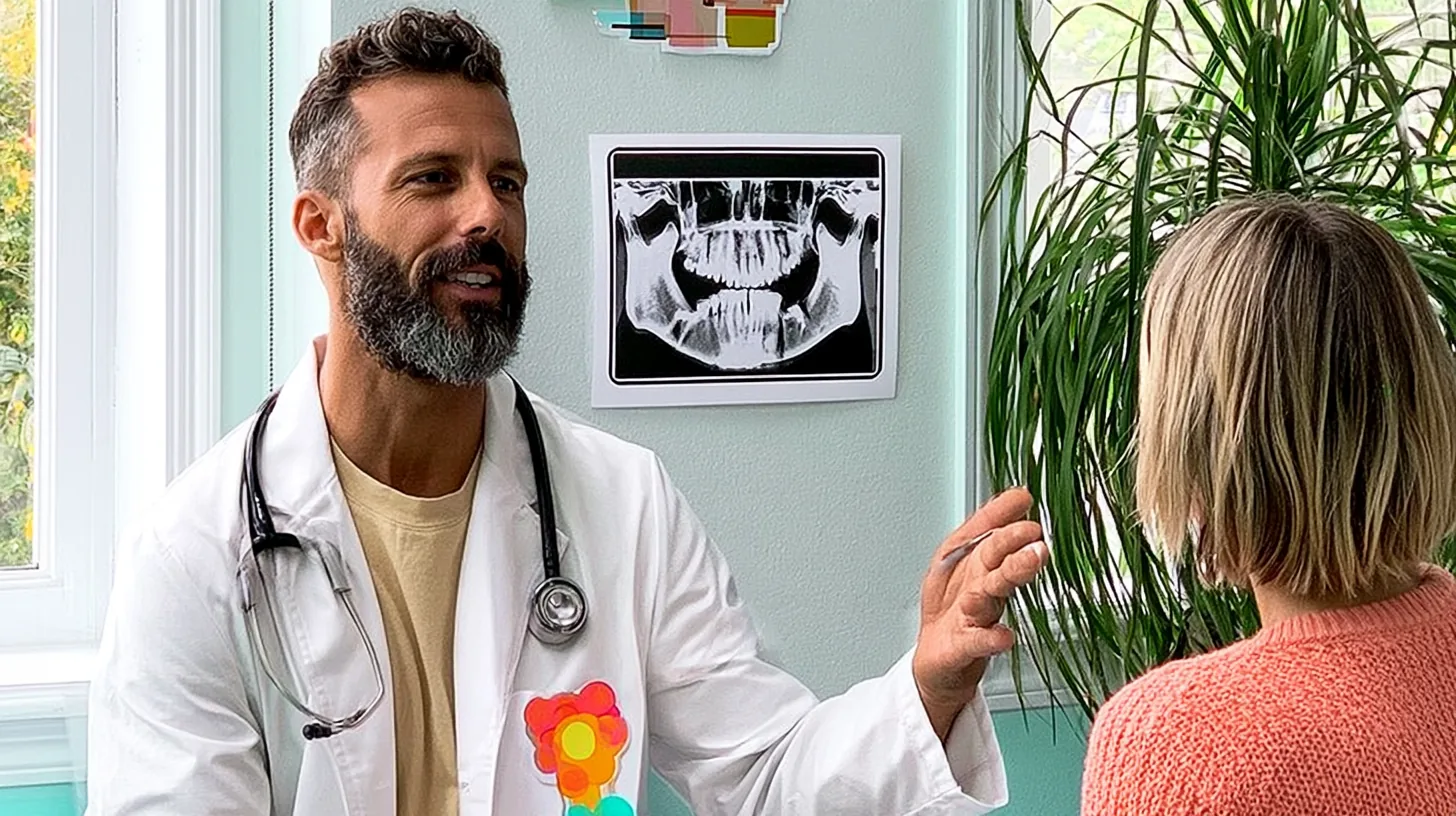 MKG-Chirurg bespricht anhand eines Kiefer-Röntgenbilds die Behandlung mit einer Patientin – Was macht ein MKG-Chirurg?