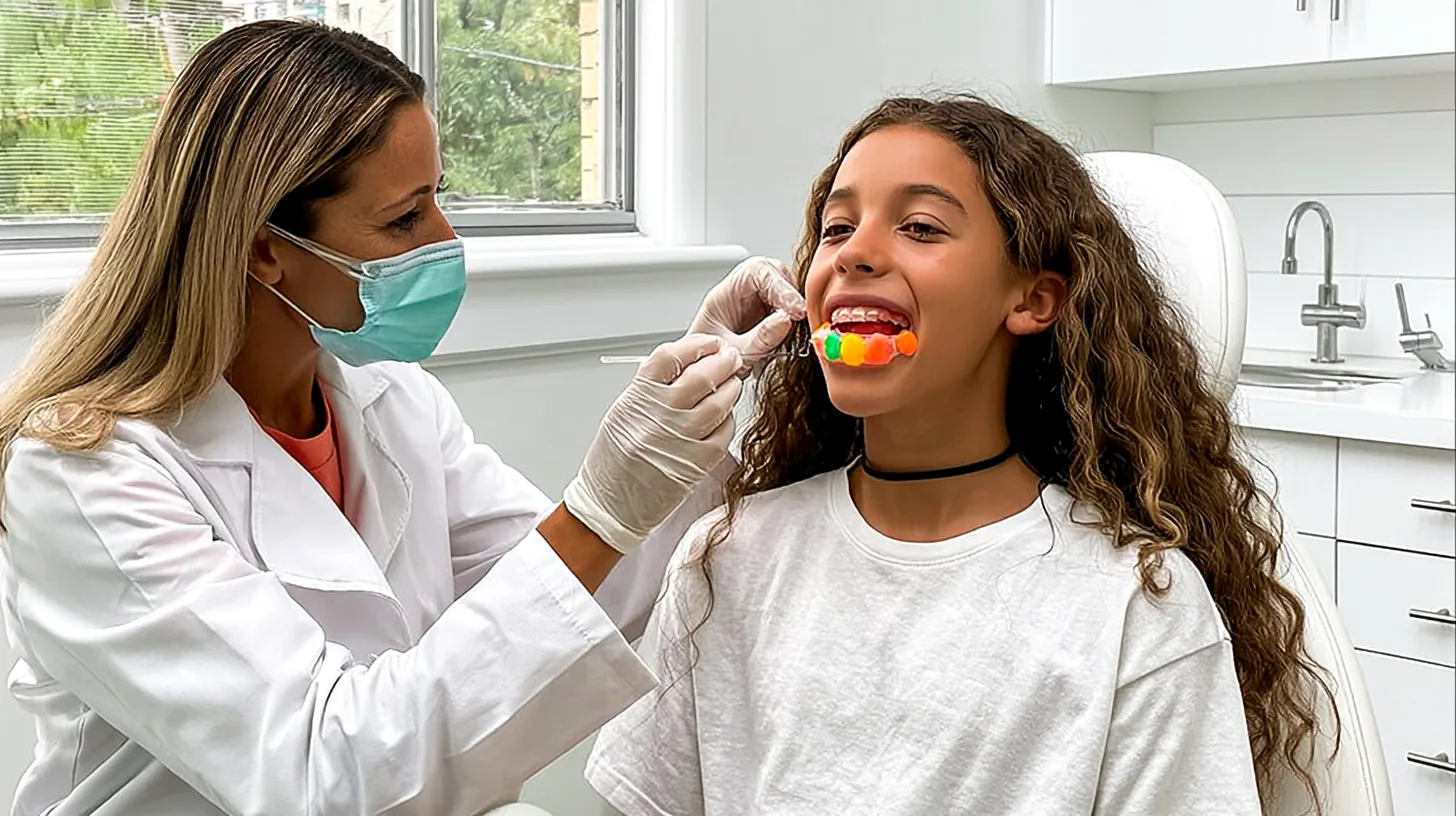 Zahnärztin passt einer lächelnden jungen Patientin einen individuellen Mundschutz an – Was macht ein Sportzahnarzt?
