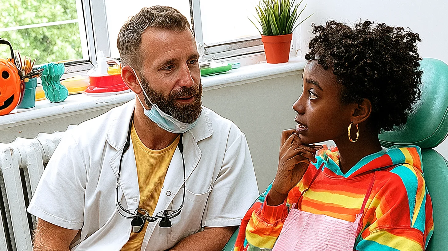 Zahnarzt spricht beruhigend mit einer nervösen Patientin im Behandlungszimmer – Was macht ein Zahnarzt für Angstpatienten?