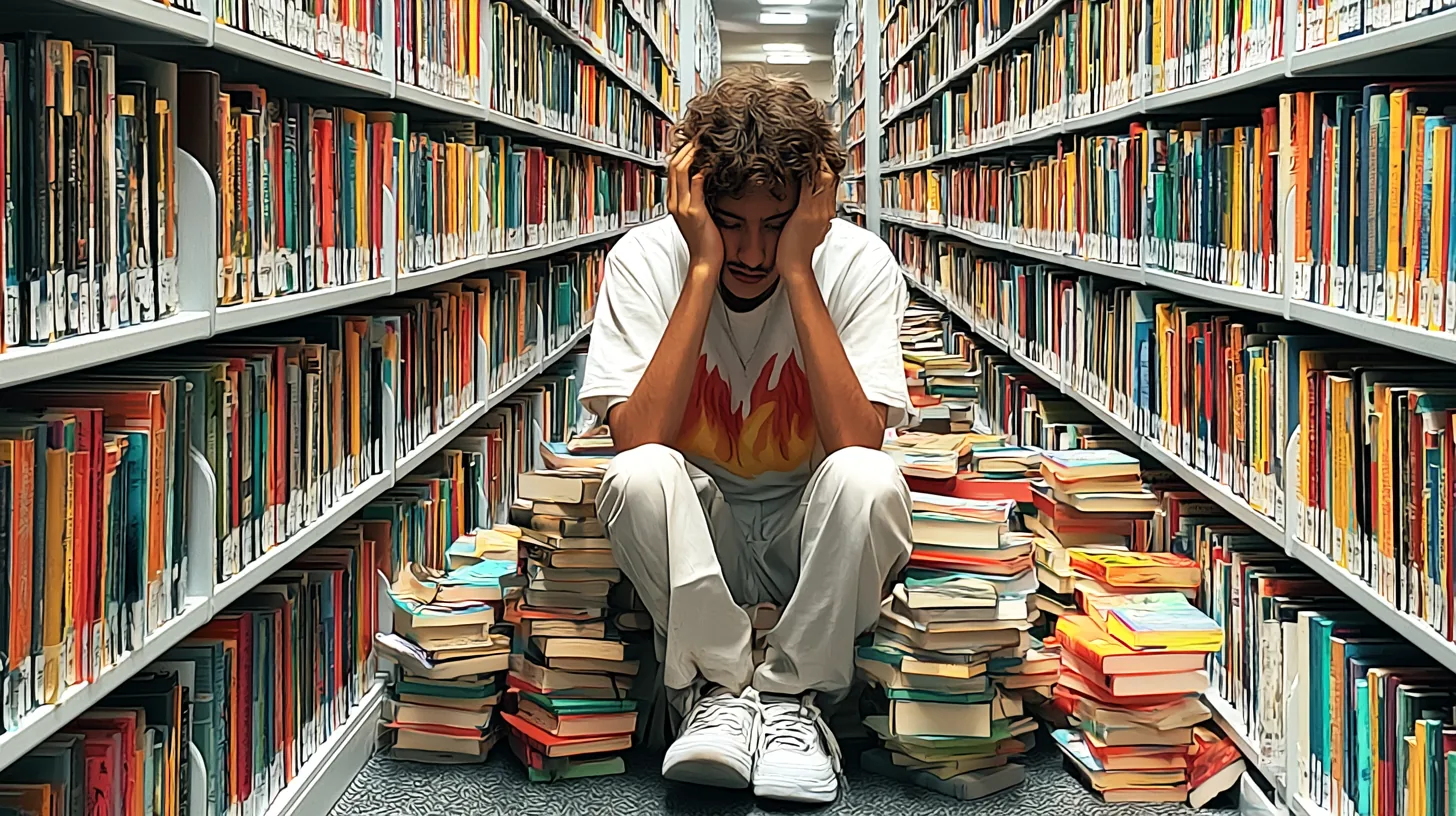 Erschöpfter, aber entschlossener Student lernt spätnachts umgeben von Büchern – Wie schwer ist das Zahnmedizinstudium?