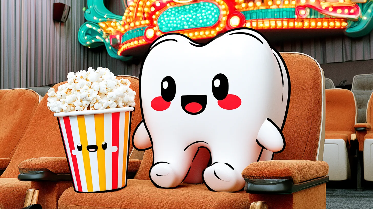 Kinosessel mit Popcorn und überdimensionalem Zahnmodell-Requisit – Zahnärzte im Film