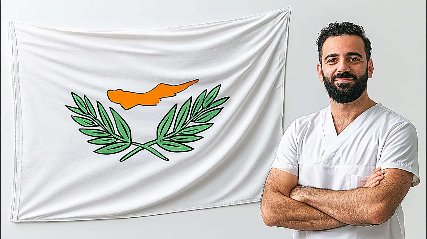 Wehende Flagge Zyperns neben einem Zahnarzt im Kittel – Zahnmedizinstudium auf Zypern: Die European University Cyprus