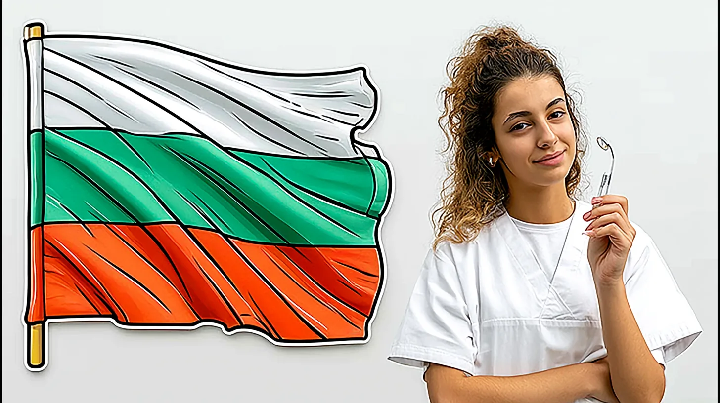 Wehende bulgarische Flagge neben einer Zahnärztin im Kittel – Zahnmedizinstudium in Bulgarien