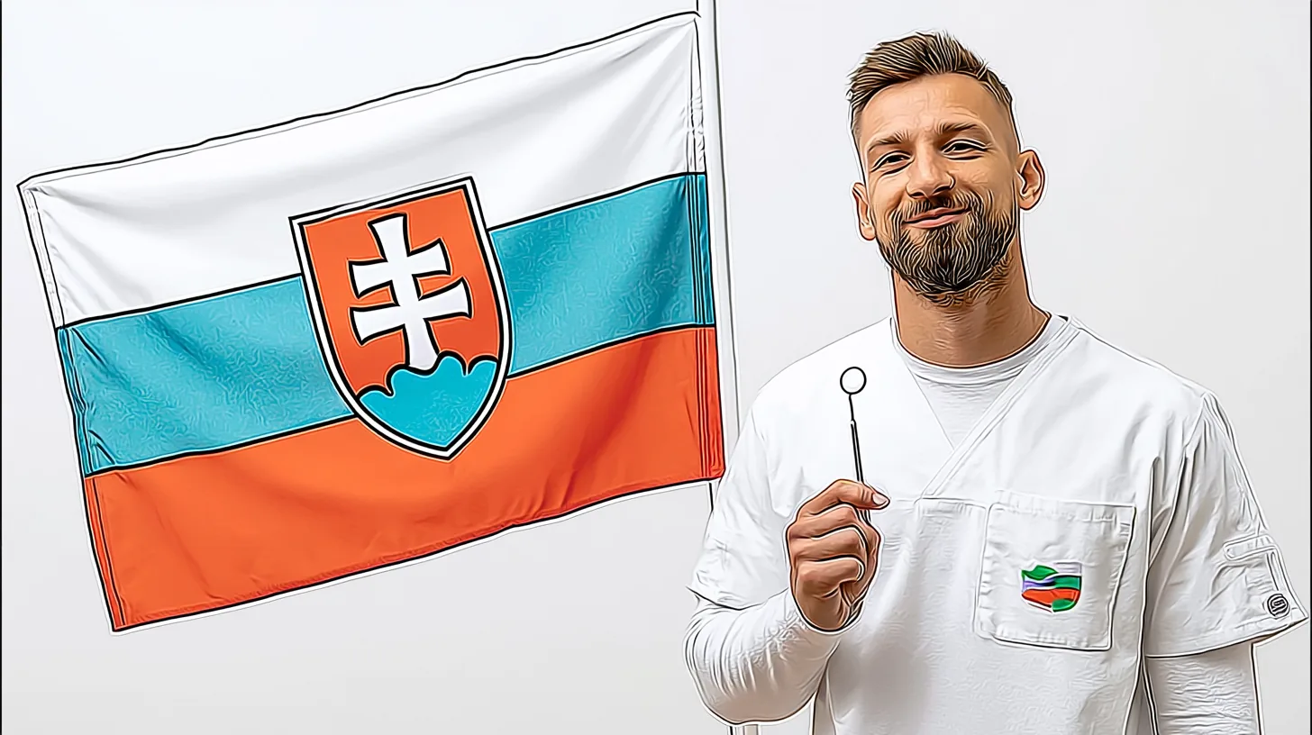Wehende slowakische Flagge neben einem Zahnarzt im Kittel – Zahnmedizinstudium in der Slowakei