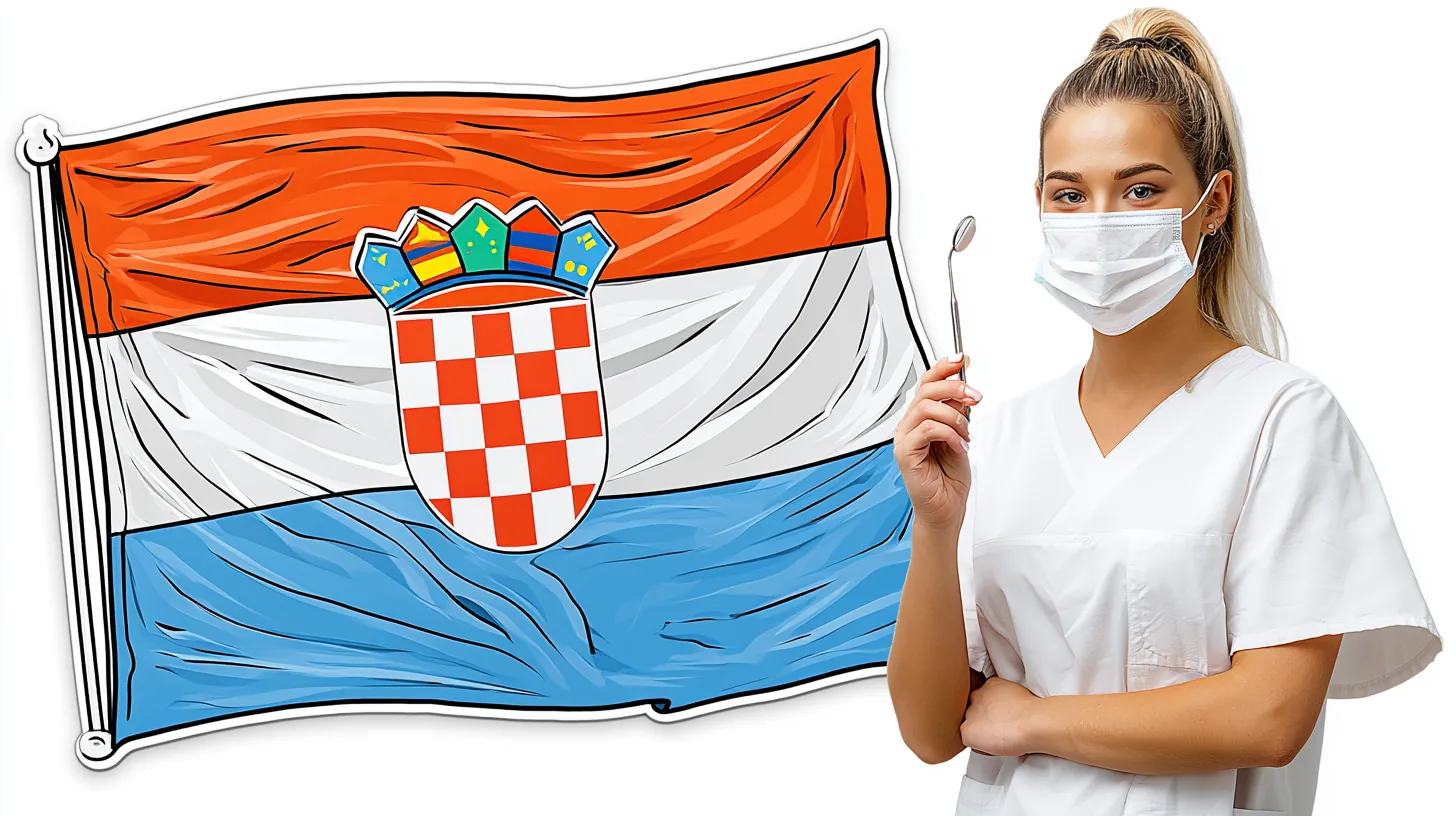 Wehende kroatische Flagge neben einer Zahnärztin im Kittel – Zahnmedizinstudium in Kroatien