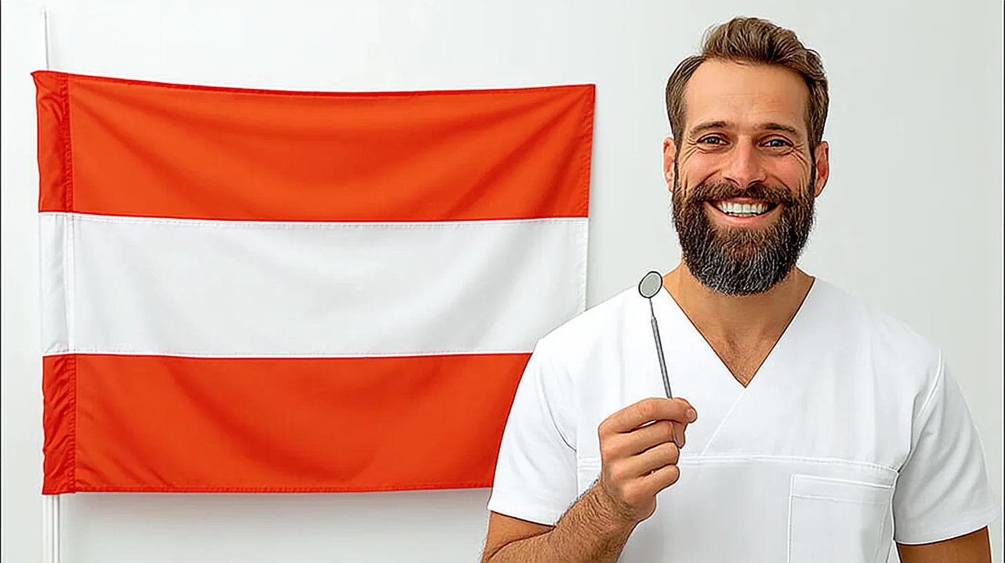Wehende österreichische Flagge neben einem Zahnarzt im Kittel – Zahnmedizinstudium in Österreich: MedAT-Z oder Privatuni DPU