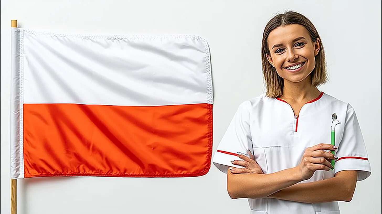 Wehende polnische Flagge neben einer Zahnärztin im Kittel – Zahnmedizinstudium in Polen