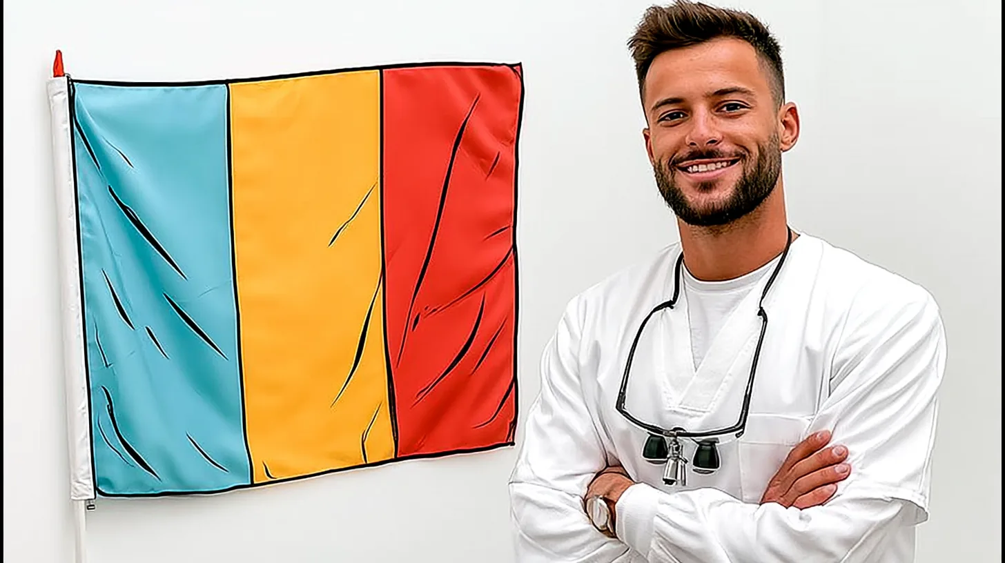 Wehende rumänische Flagge neben einem Zahnarzt mit Lupenbrille – Zahnmedizinstudium in Rumänien