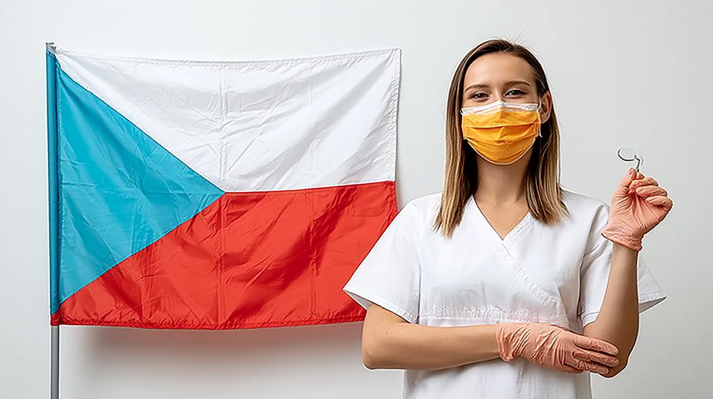Wehende tschechische Flagge neben einem Zahnarzt im Kittel – Zahnmedizinstudium in Tschechien