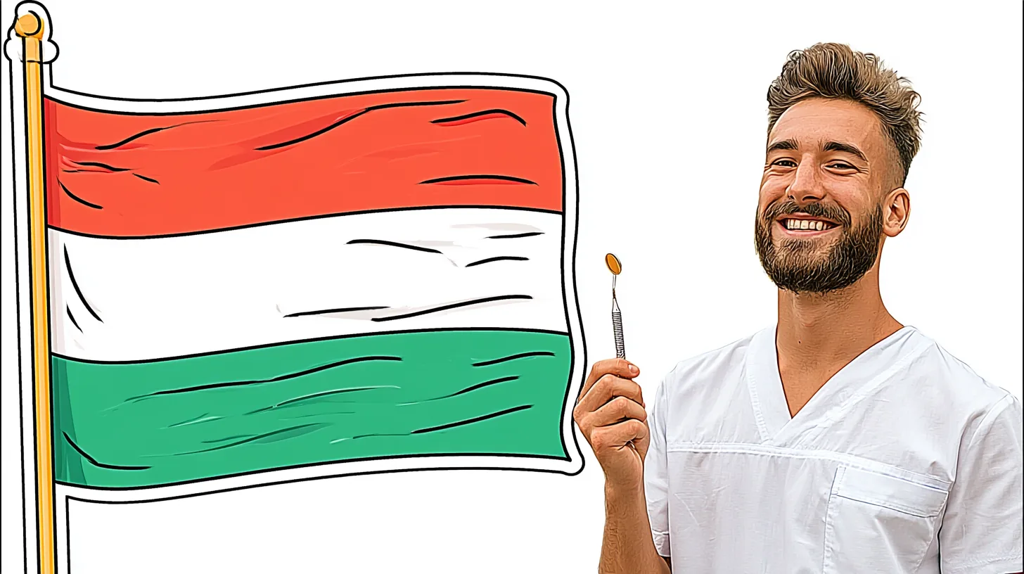 Wehende ungarische Flagge neben einem Zahnarzt im Kittel – Zahnmedizinstudium in Ungarn